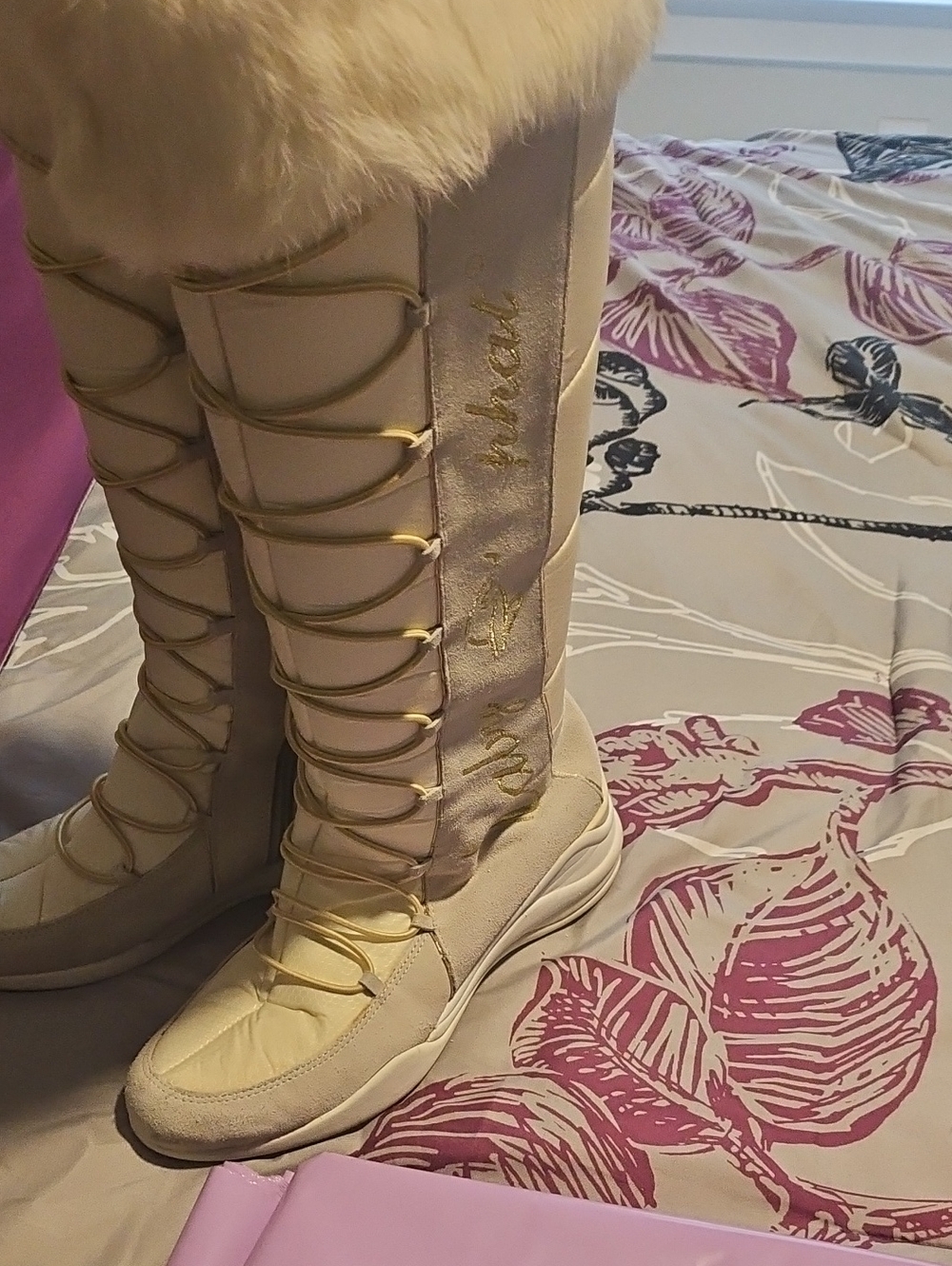 Baby Phat Throw Backs Women's Cream Lace-Up Faux Fur Winter Boots